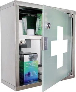 Locking Stainless Steel Medicine Cabinet, 2 Tier Wall Mounted Storage Cabinet, D - Picture 1 of 6
