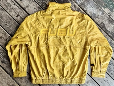 Vintage 90s Fubu Leather Bomber Jacket Yellow Neck Logo XL - Image 1 of 4