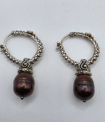 Barbara Bixby Sterling Silver / 18k Hoop Baroqu Bronze Pearl Drop Charm Earrings - Image 1 of 4