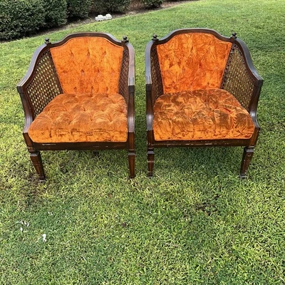 Juego de 2 sillas vintage años 60 70 MCM Regency respaldo barril bastón naranja marrón decoración Foto 1 de 4