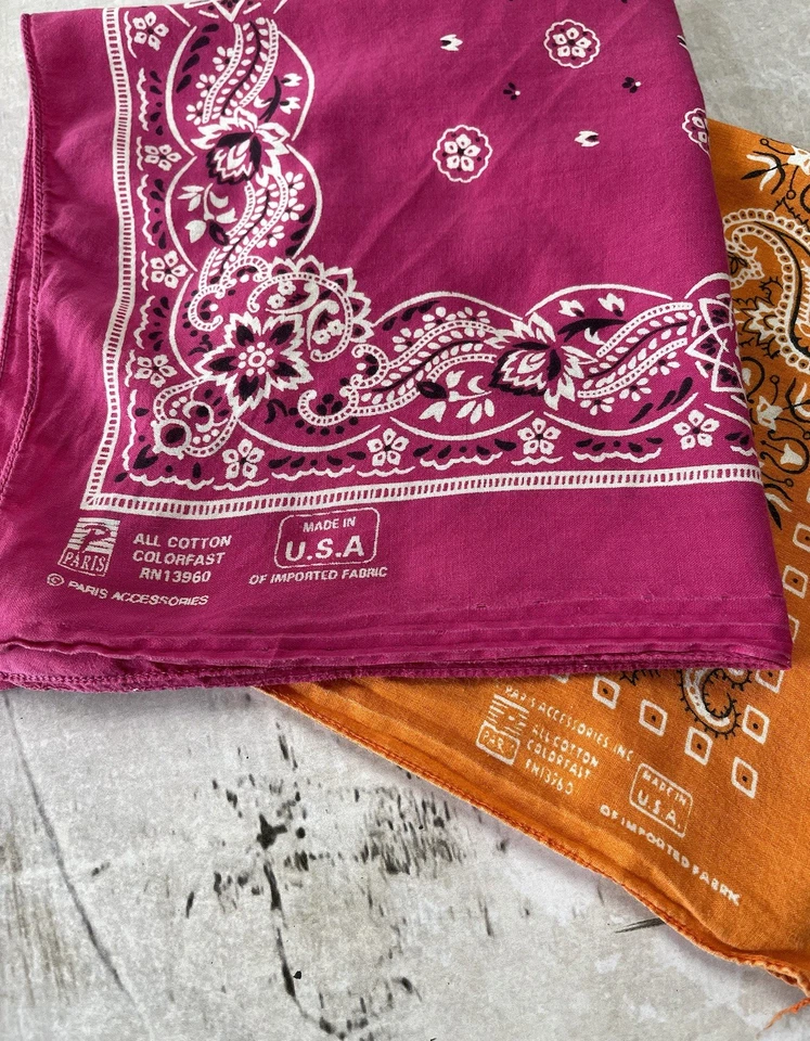 Vintage Bandana Lot Orange Fuchsia Pink Made in USA All Cotton Paris Rn 13960 - Image 1 of 4