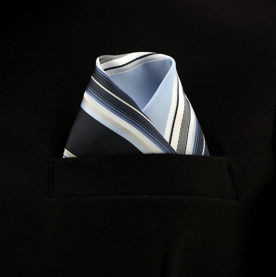 Men's Dress Pocket Square Hankie Handkerchief Striped Blue White Black Hanky  - Image 1 of 1
