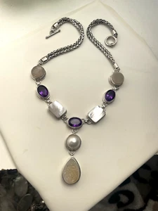 GORGEOUS MODERNIST 925 SOLID STERLING SILVER AMETHYST PENDANT 18" CHAIN NECKLACE - Picture 1 of 12