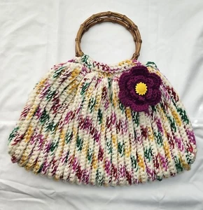 Bolso suéter de colección con acento de flores asas de madera dobles limpio interior fondo grande - Imagen 1 de 4