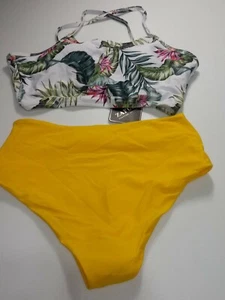 Women's Leaf Print Lace Up Ruched High Waisted Tankini Set Swimsuit - Picture 1 of 7