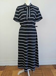 size 10 LAUREN Ralph Lauren Black & Ivory Stripe Crepe Neck-Tie Midi Dress, Belt