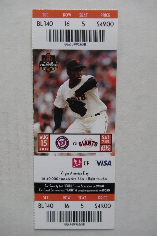 SAN FRANCISCO GIANTS VS NATIONALS 8/15/2015 FULL TICKET ~ DESMOND/ESPINOSA HRs - Image 1 of 1
