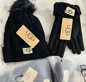 Winter UGG Gloves Beanies Set, Cable Knit Fleece Lined & Black. One Size NEW