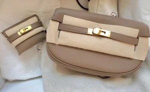 Sold Out New In Box 2023 Hermes Kelly Moove Swift Etoupe Gold HW Belt Bag Pouch - Picture 1 of 15