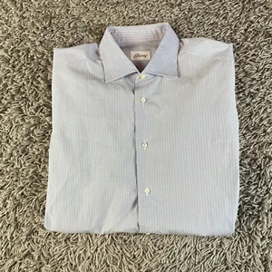 Brioni Dress Shirt Mens 16 Blue Made in Italy Mini Stripe Spread Collar Button - Picture 1 of 13