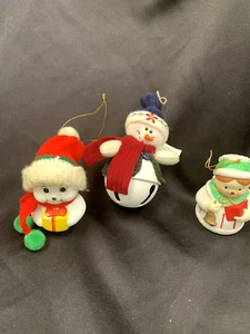 Vintage Christmas Bell Ceramic & Plush Ornaments Snowmen  Choir Child Set of 3 - Picture 1 of 24