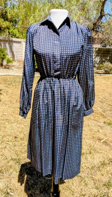 Vintage 1980s Navy Paisley Print Talbots Petites 2P Midi Blouson L/S Dress EUC - Image 1 of 4