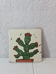 VTG Native American Ceramic Tile Trivet Wall Art Southwest Cactus Handmade 4x4 - Picture 1 of 7