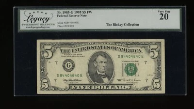 DBR 1995 $5 FRN Chicago Fr. 1985-G Legacy VF-20 Serial G84404640E - Image 1 of 2