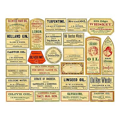 25 Apothecary Labels, Old West Style Pharmacy Stickers, Cut & Peel Sheet 370Q • 11.97$