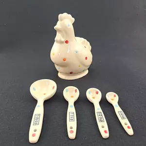 Temptations Cream Polka Dots Rooster Chicken 4 Measuring Spoons Tbsp Tsp +Holder - Picture 1 of 19