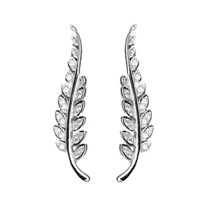 Sterling Silver Crystal Paved CZ Feather Leaf Cuff Climber Crawler Earrings - Picture 1 of 11