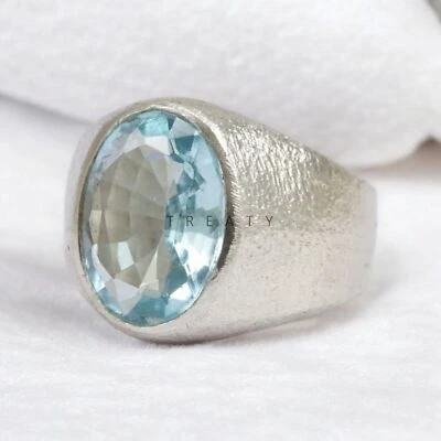 Piedras preciosas de aguamarina de corte ovalado con anillo de plata de ley 925 para hombre #689 Foto 1 de 4
