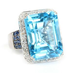 Blue 28.65CT Topaz, White CZ and Blue Sapphire 925 Sterling Silver Cocktail Ring