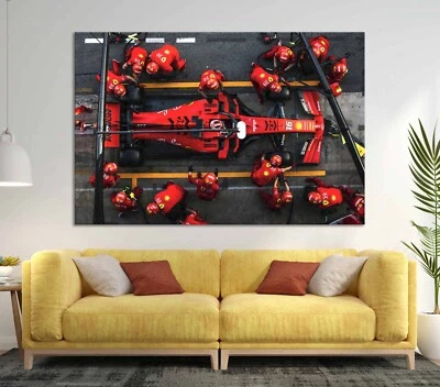 Racing red car canvas or poster print Supercar Formula 1 wall decor Pit stop art - Image 1 of 4