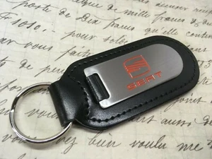SEAT BLACK LEATHER KEY RING FOB ETCHED AND INFILLED LEON IBIZA FR ALECA - Picture 1 of 3