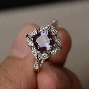 2Ct Cushion Lab Created Alexandrite Vintage Engagement Ring 14KWhite Gold Plated - Picture 1 of 4