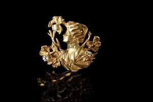 ANTIGUO COLGANTE ART NOUVEAU DAMA FLORES 4 DIAMANTES ORO AMARILLO 14K GLM - Imagen 1 de 4
