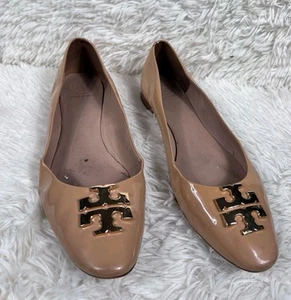 Tory Burch Raleigh Leather Ballet Flats Gold Logo Womens Size 9.5M Beige  - Picture 1 of 13