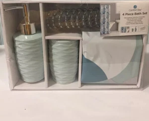 Comfort Bay 4 Piece Bath Set. PEVA Shower Curtain, Hooks, Cup, Soap Dispenser - Picture 1 of 3