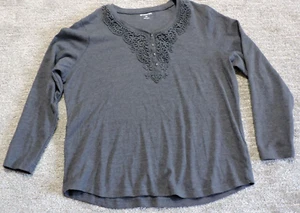 Northcrest Brand Gray cotton/poly Long Sleeve Henley Crocheted Inset Size 2X - Picture 1 of 3