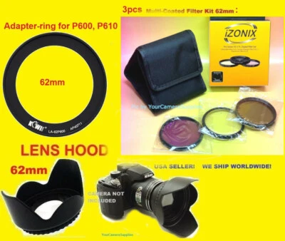 JJC/ XIT/ IZONIX CAMERA NIKON COOLPIX P610 P600 B700 - RING ADAPTER 62mm+CPL FILTER KIT+LENS HOOD