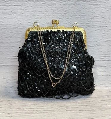 Vintage Evening Bag | 1960s Vintage Small Black Beaded Evening Bag Unique Gifts - Image 1 of 3