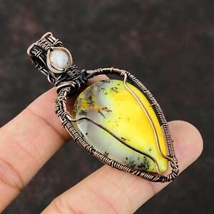 Yellow Dendrite Opal Gemstone Jewelry Copper Mum Gift Wire Wrapped Pendant 2.76"