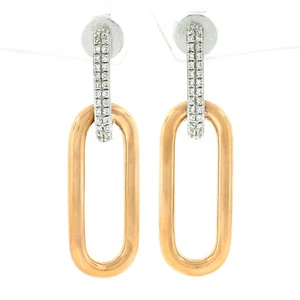 14K White & Rose Gold Pave Diamond w/ Polished Drop Dangle Paperclip Earrings - Picture 1 of 5