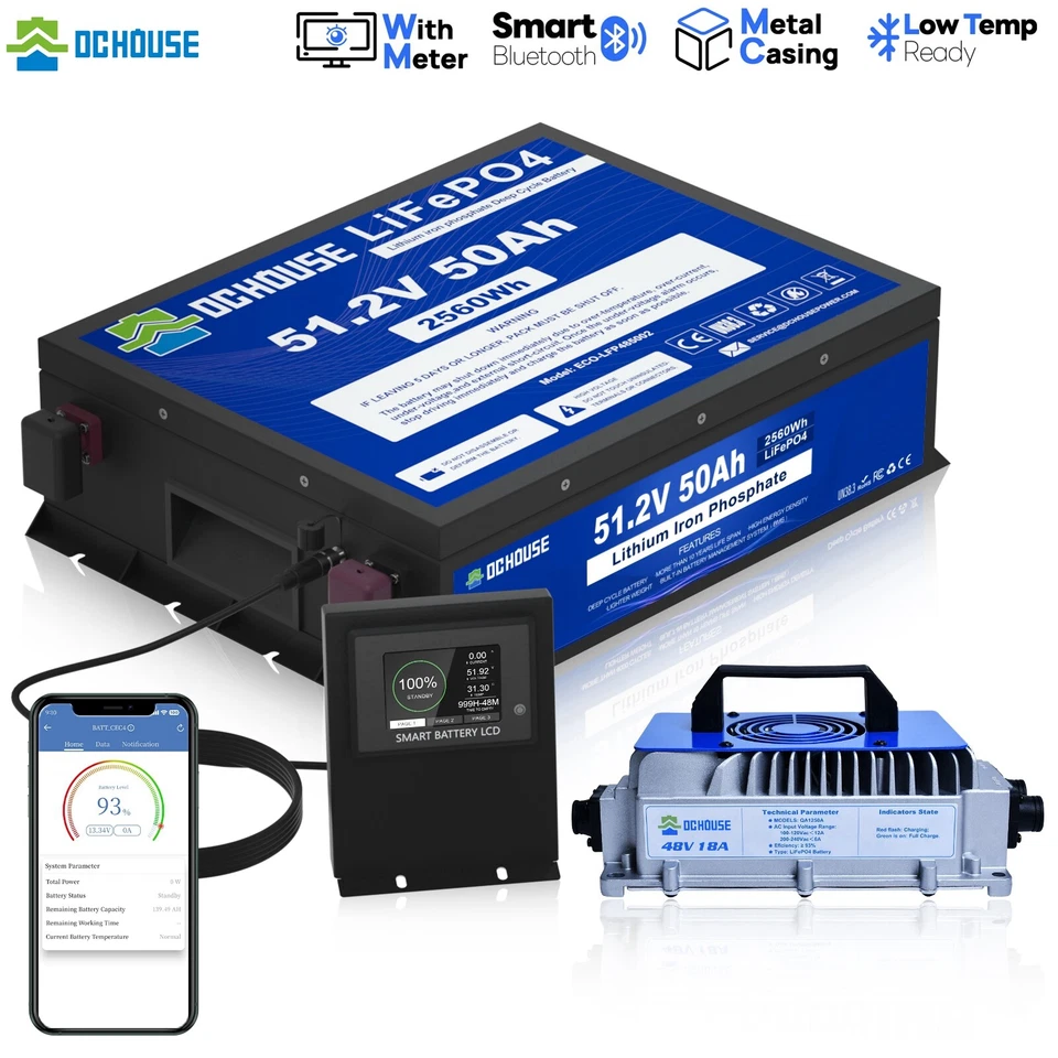 DC HOUSE 48V 50Ah LiFePO4 Lithium Batterie Golf Cart mit 18A Ladegerät Smart Monitor RV