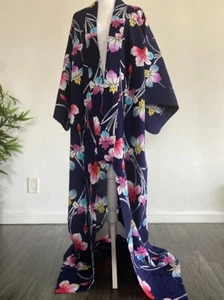 Vestido kimono de verano japonés Yukata algodón largo ancho azul marino narciso D3 - Imagen 1 de 7