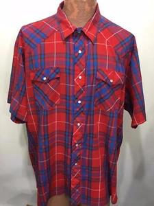 Camisa de manga corta de vaquero occidental Wrangler Big Man 2XL roja azul a cuadros frontal a presión - Imagen 1 de 4