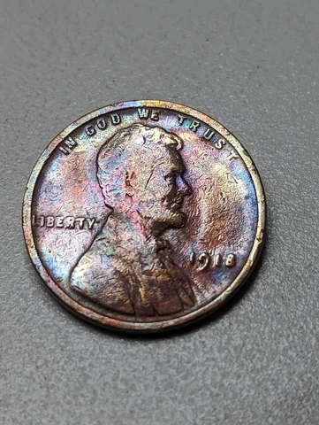 1918 Ugly Rainbow Toned Lincoln Wheat Cent Penny Damage Colorful Cull Old Date Cover