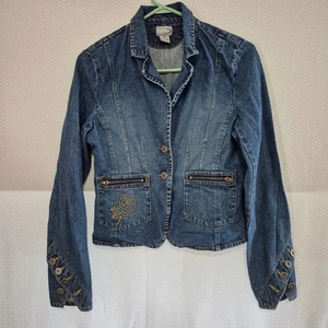 Chaqueta vaquera vintage años 90 Rave bordada rosa talla mediana ajustada Y2K genial - Imagen 1 de 10