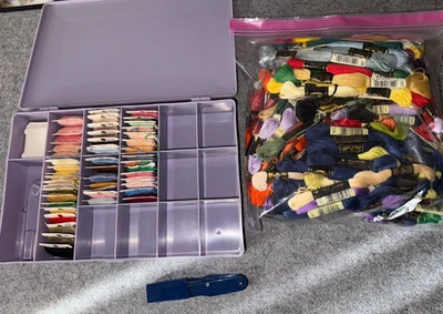 Lot of 125 DMC Embroidery Cross Stitch Thread New & Used & Purple Case Scissors - Image 1 of 4