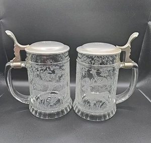 VINTAGE ~GLASS STEIN/Tankard~Set Of 2~ (ETCHED FOREST & DEER) ~WEST GERMANY~GUC  - Picture 1 of 9