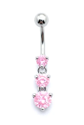 Crystal Pink Navel Bar HEART Belly Button Triple Dangle CZ Crystal 316L SS - Image 1 of 4