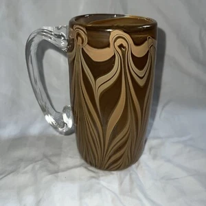 Hand Blown Glass Beer Stein Mug Brown Swirls Signed - Picture 1 of 9