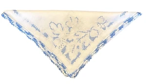 Vintage White Cross Stitched Blue White Floral Crochet Lace Edge Table Topper - Picture 1 of 13