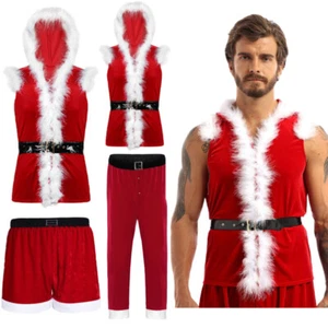 Men's Santa Claus Costume Christmas Elf Outfits Santa Coat Jacket Tank Top Pants - Picture 1 of 29