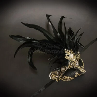 Women's Feather and Lace Mardi Gras Carnival Masquerade Mask [Black/Gold] - Image 1 of 4