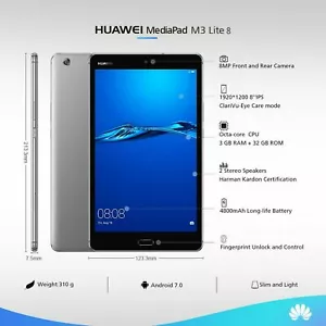 Android Huawei MediaPad M3 Lite 8 4G LTE Unlocked Wi-Fi 32/64GB ROM Tablet Phone - Picture 1 of 10