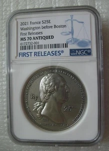 Moneda Francia 25 euros 2021 plata 2 oz Washington antes de Boston NGC MS70 antigua FR - Imagen 1 de 4