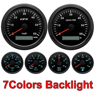 6 Gauge Set 85mm GPS Speedometer 0-60MPH w/tacho & 52mm Fuel Temp Oil Voltmeter - Image 1 of 4