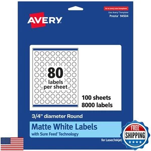 Avery Matte White Round Labels with Sure Feed, 3/4" Diameter, 8,000 Matte Whi - Picture 1 of 5
